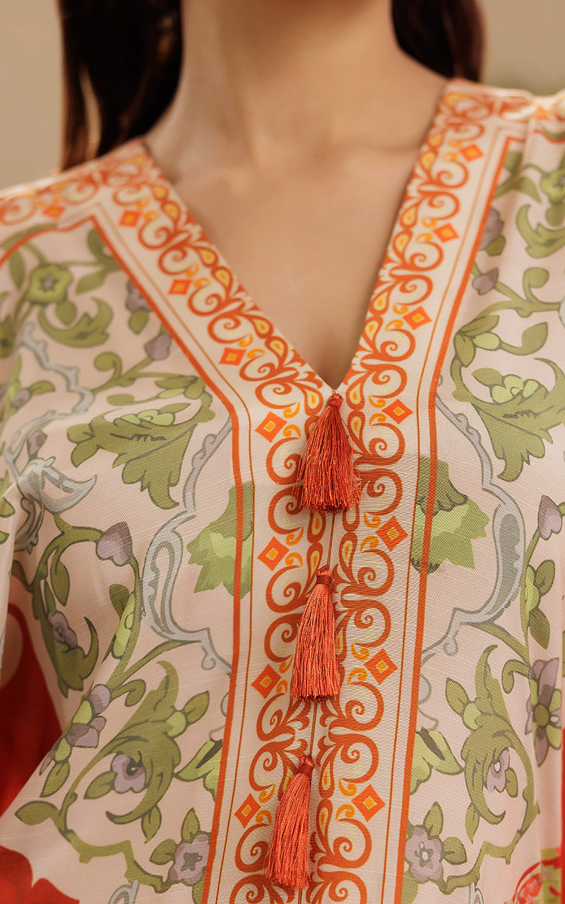 Pakistani Rust Printed Viscose Silk Kaftan (1-Pc) - Image 5