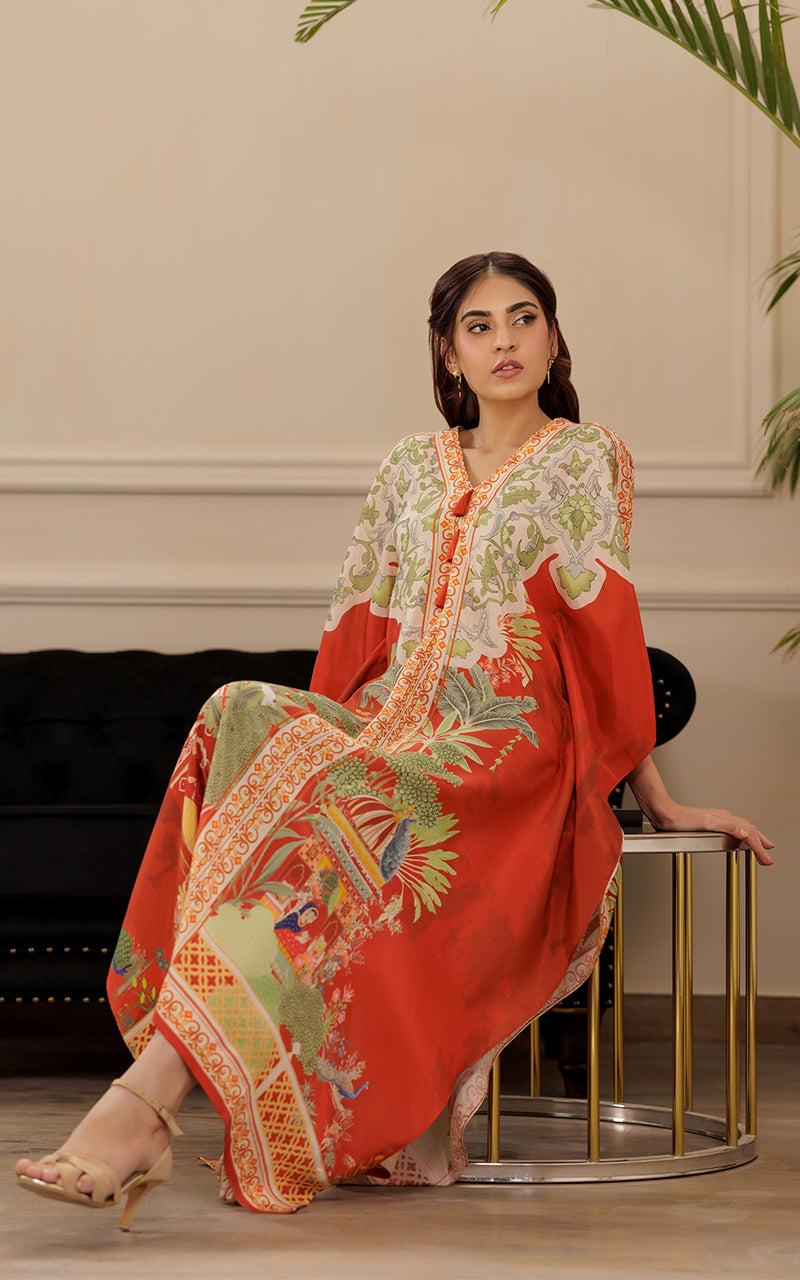 Pakistani Rust Printed Viscose Silk Kaftan (1-Pc) - Image 6
