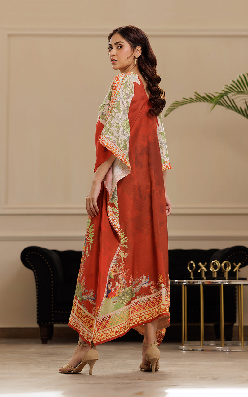 Pakistani Rust Printed Viscose Silk Kaftan (1-Pc) - Image 7