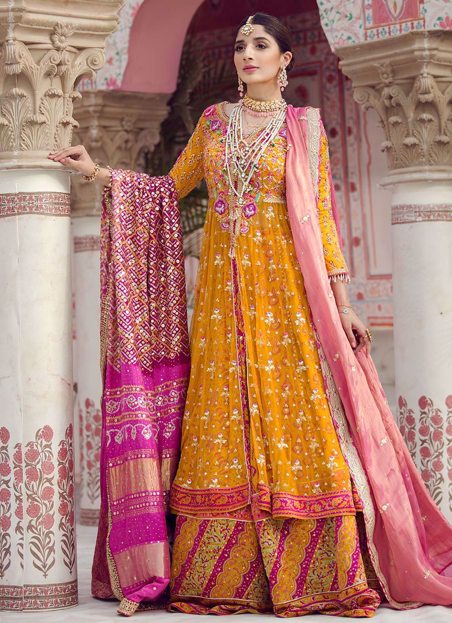 Pakistani Saffron Gota Hand Block Charmeuse Silk Kalidaar (3-Piece) - Image 1