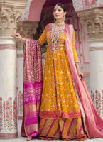 Pakistani Saffron Gota Hand Block Charmeuse Silk Kalidaar (3-Piece) - Image 2