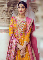 Pakistani Saffron Gota Hand Block Charmeuse Silk Kalidaar (3-Piece) - Image 5