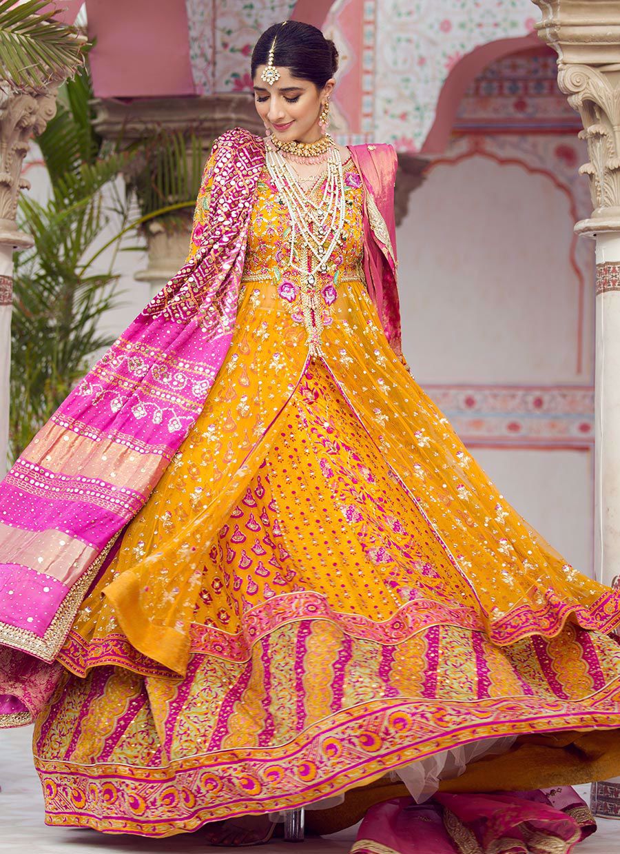 Pakistani Saffron Gota Hand Block Charmeuse Silk Kalidaar (3-Piece) - Image 7