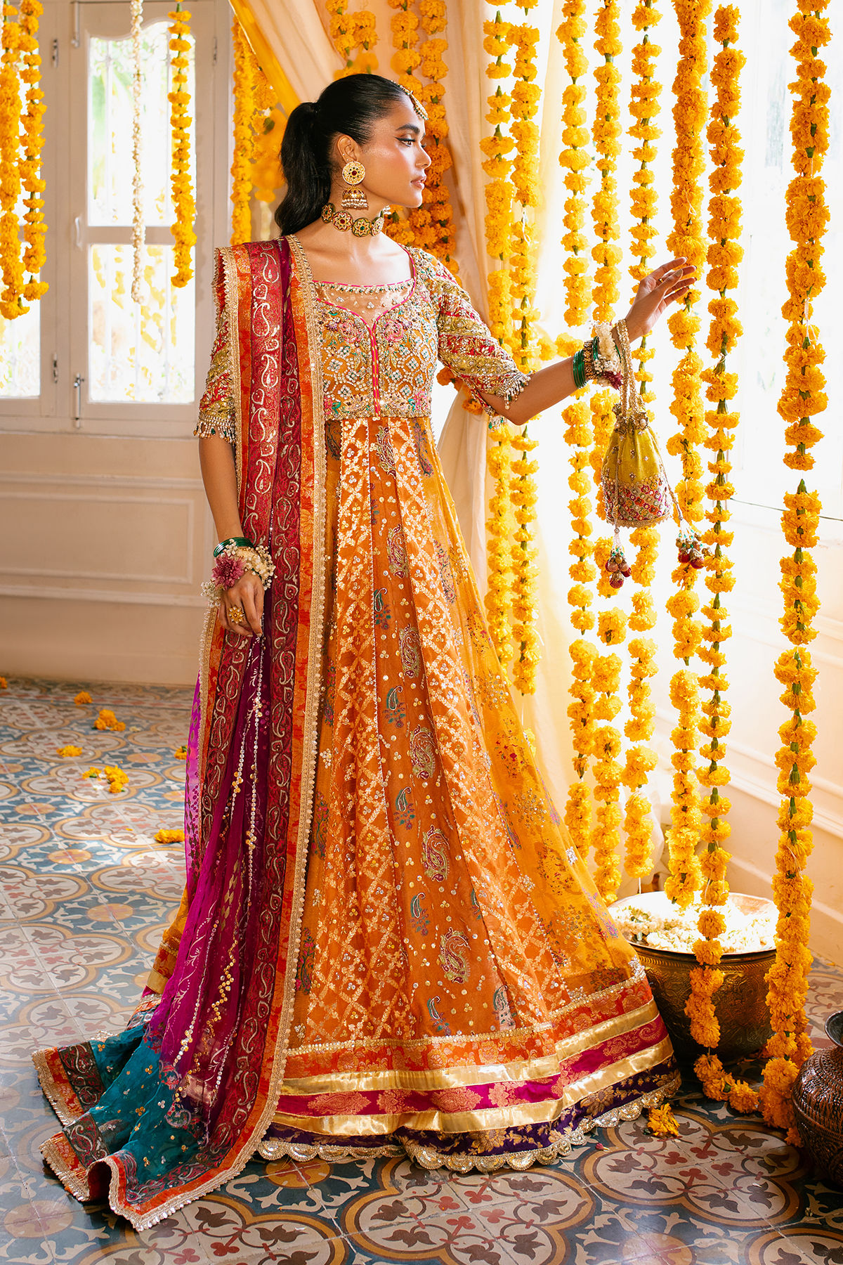 Pakistani Burnt Orange Zardozi Silk Kalidar (2-Piece) - Image 2