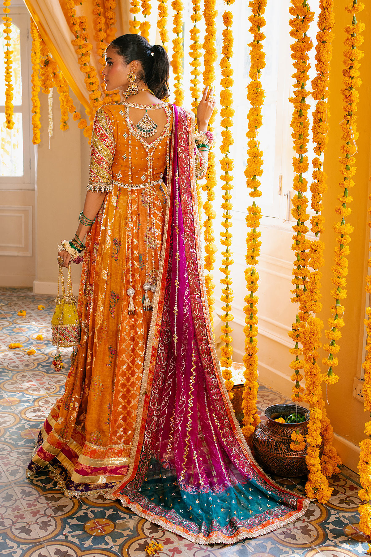 Pakistani Burnt Orange Zardozi Silk Kalidar (2-Piece) - Image 8