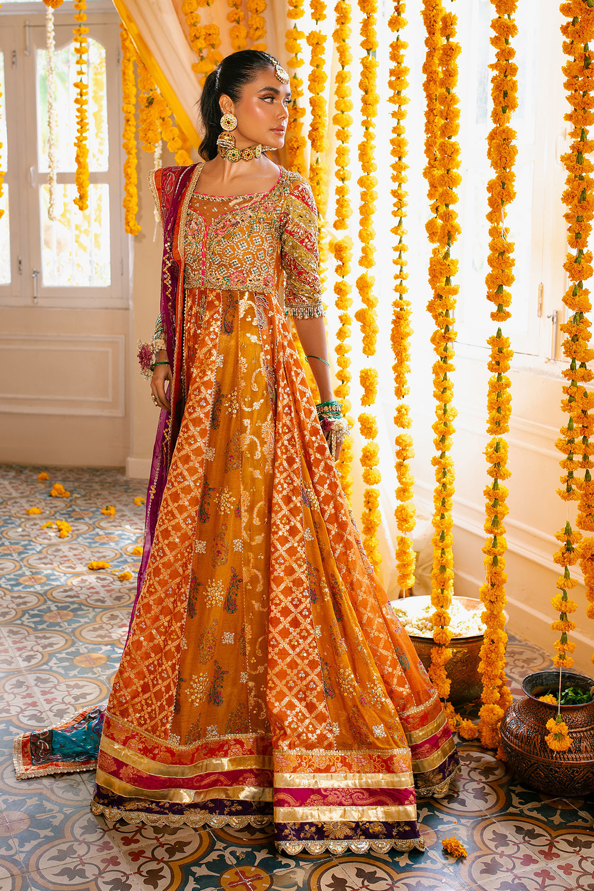 Pakistani Burnt Orange Zardozi Silk Kalidar (2-Piece) - Image 9