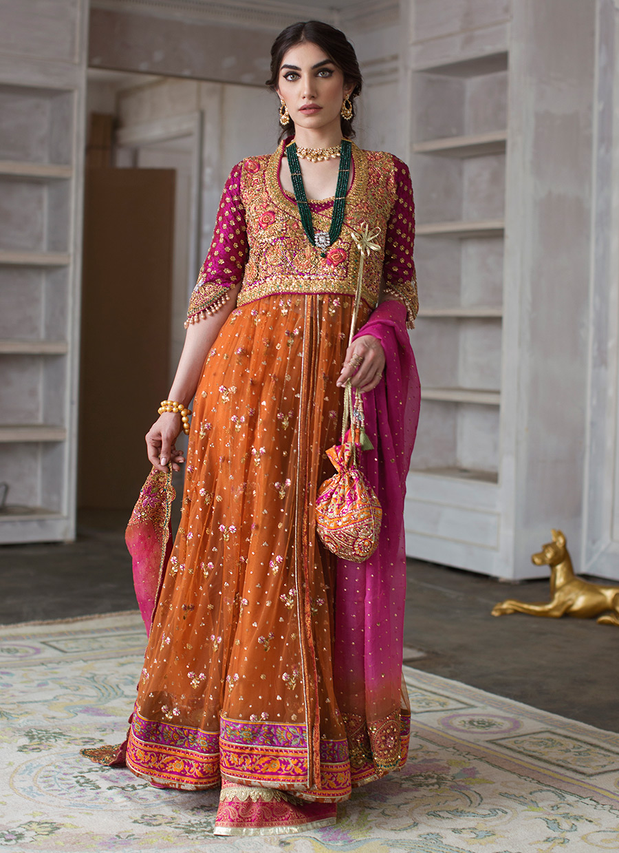 Pakistani Burnt Orange Magenta Embroidered Tulle Kalidaar (2-Piece) - Image 3