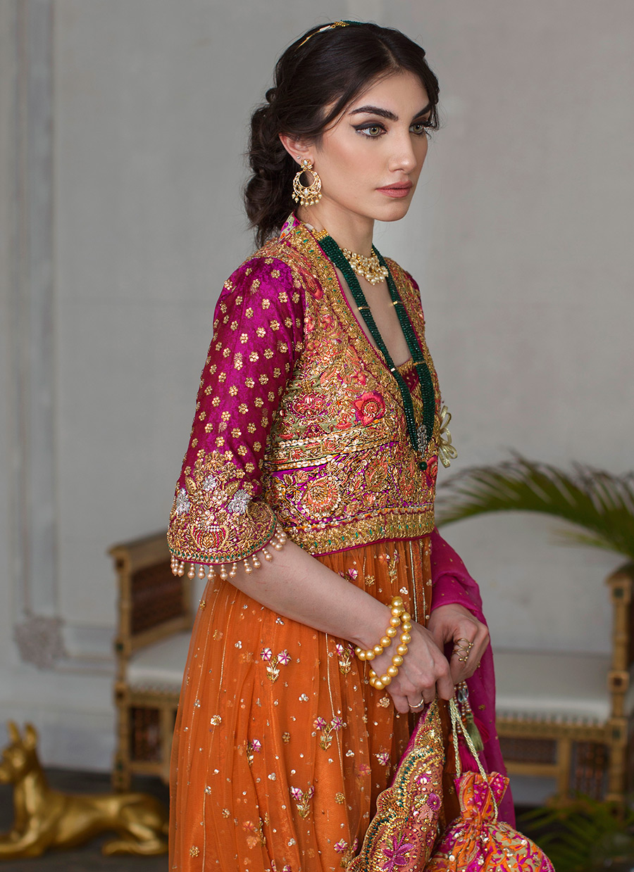 Pakistani Burnt Orange Magenta Embroidered Tulle Kalidaar (2-Piece) - Image 4