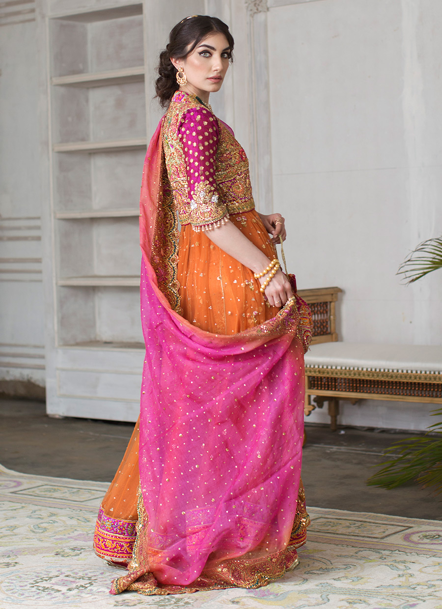 Pakistani Burnt Orange Magenta Embroidered Tulle Kalidaar (2-Piece) - Image 5
