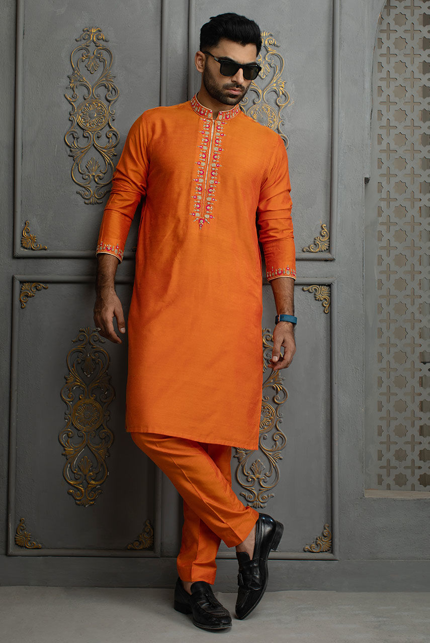 Orange Embroidered Cotton Silk Kurta Pajama (2-Piece) - Image 1