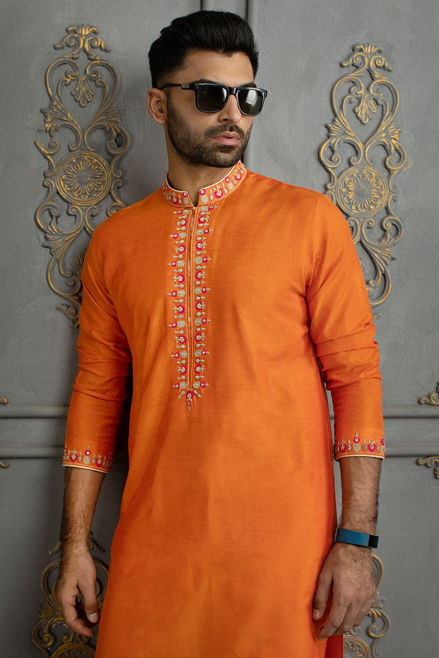 Orange Embroidered Cotton Silk Kurta Pajama (2-Piece) - Image 2