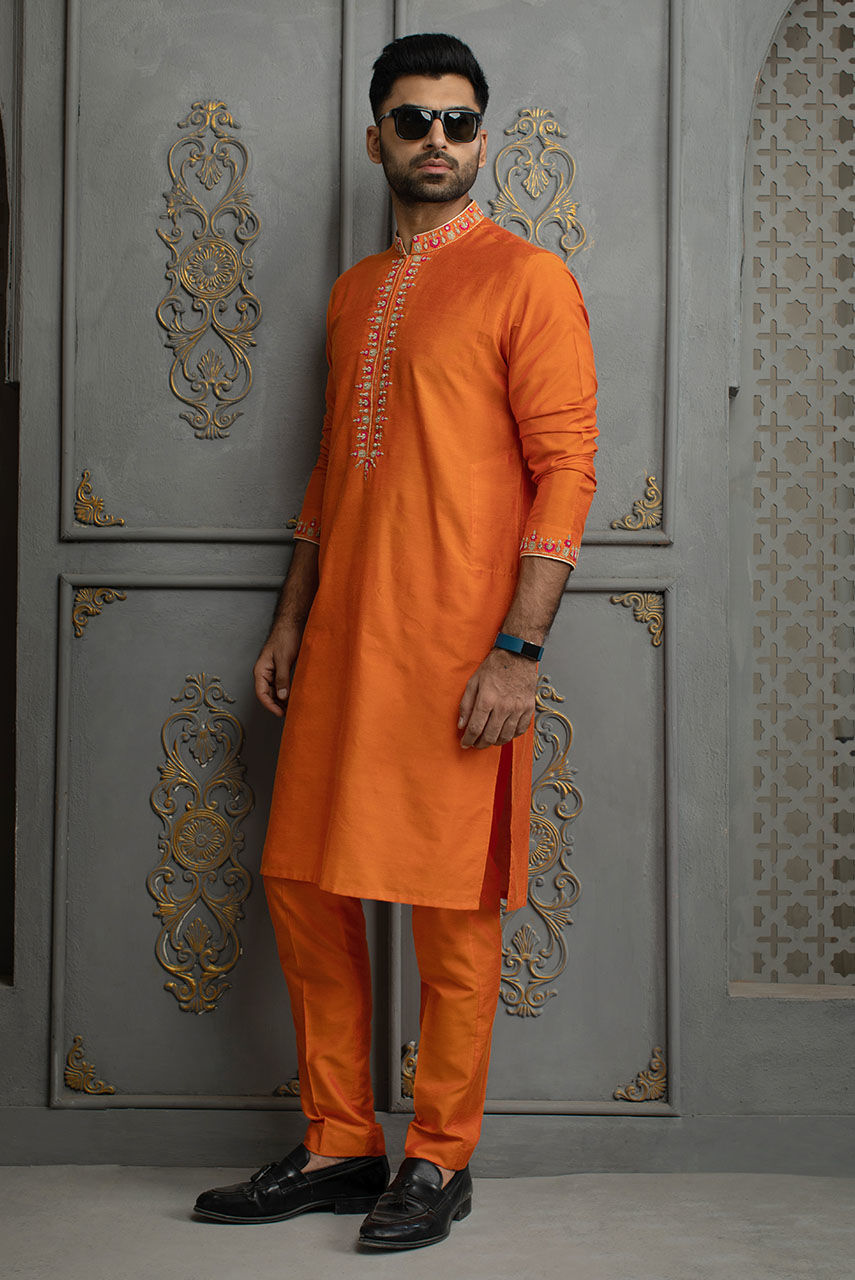 Orange Embroidered Cotton Silk Kurta Pajama (2-Piece) - Image 3