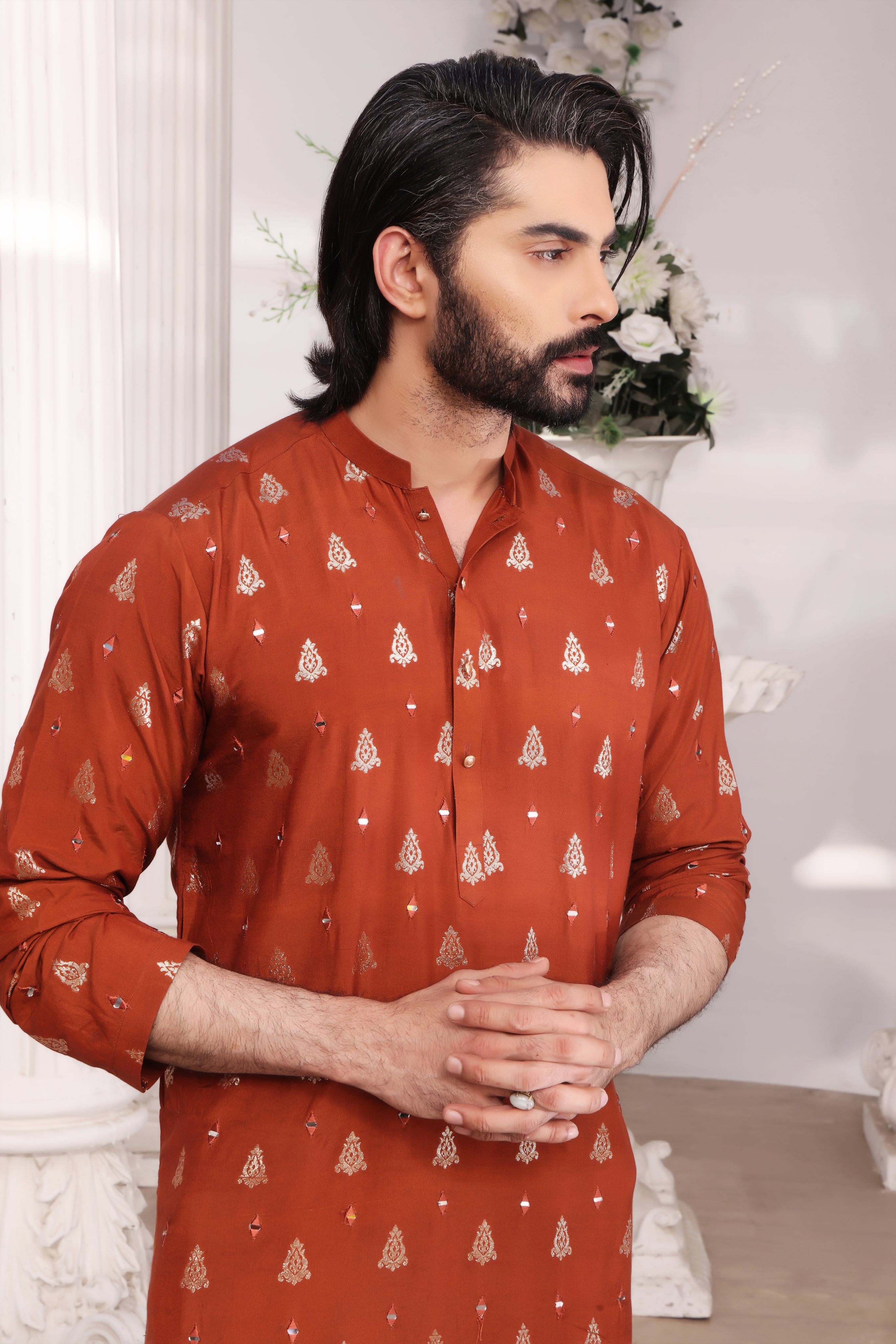 Orange Mirror-Embroidered Cotton Silk Kurta Pajama (2-Piece) - Image 2