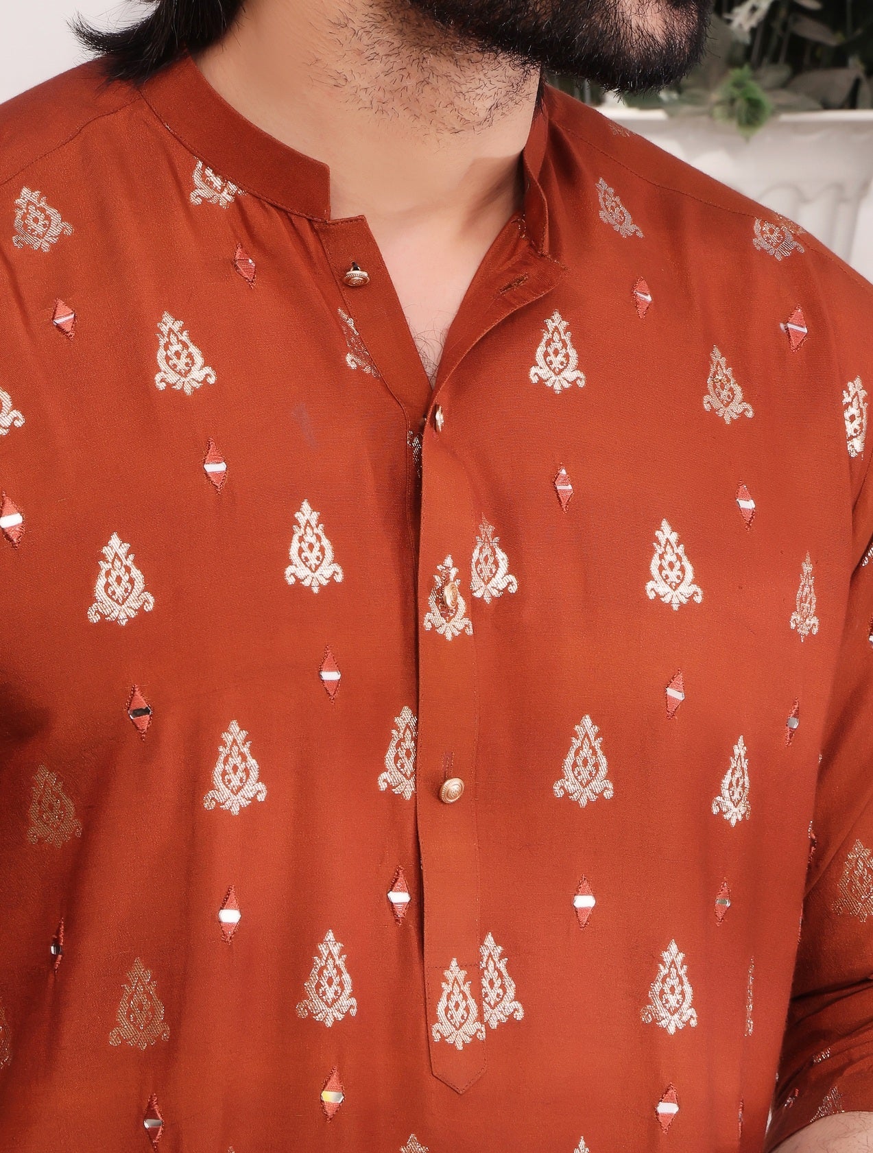 Orange Mirror-Embroidered Cotton Silk Kurta Pajama (2-Piece) - Image 3