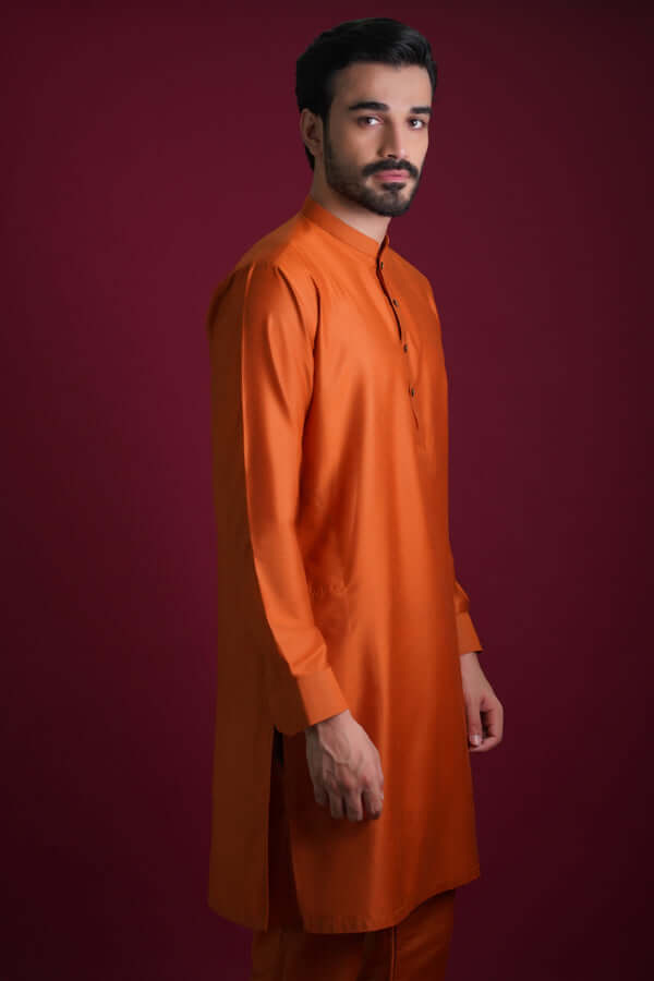 Burnt Orange Cotton-Silk Kurta Pajama (2-Piece) - Image 2