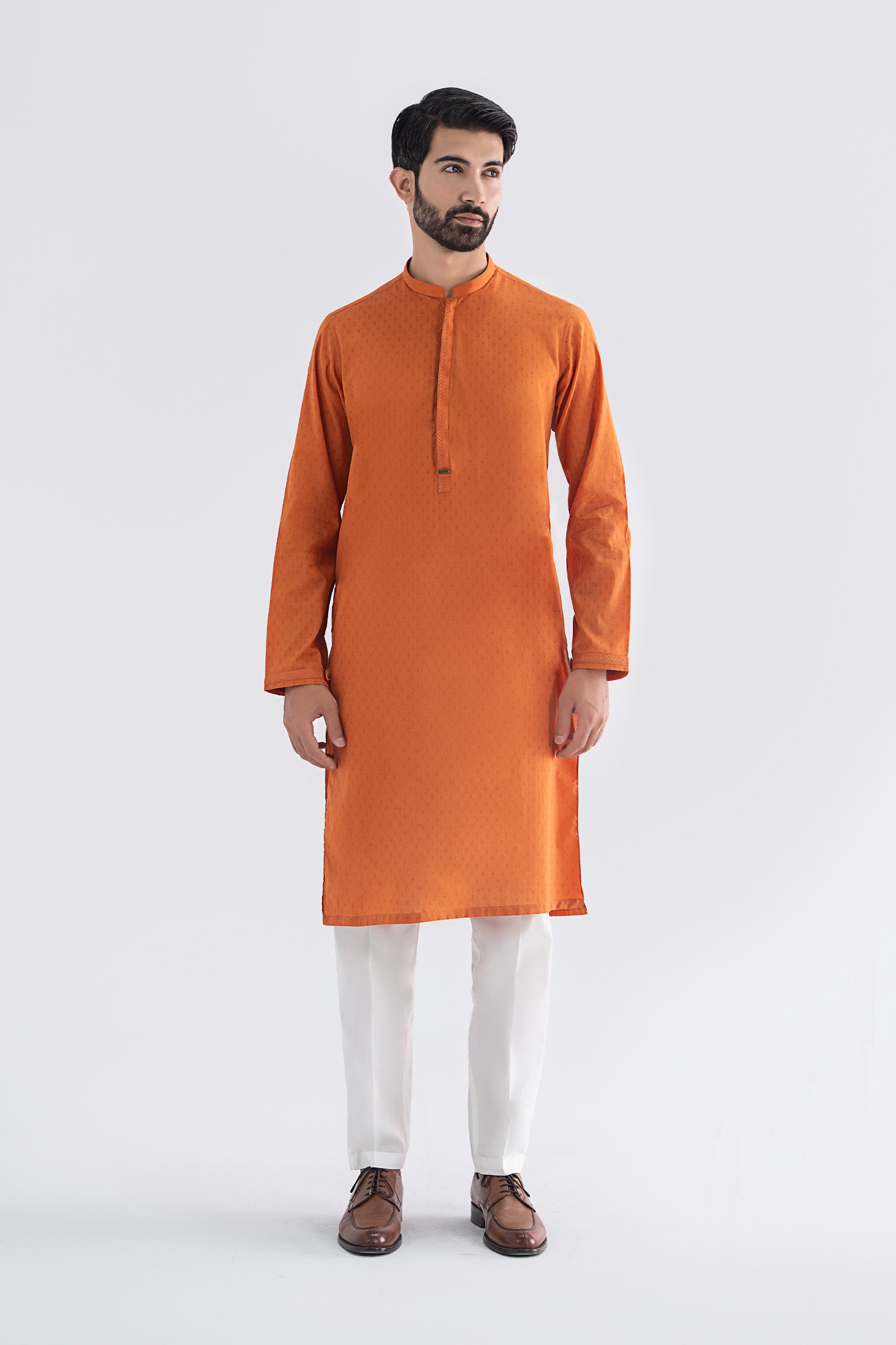 Rust Orange Embroidered Jacquard Kurta (2-Piece) - Image 2