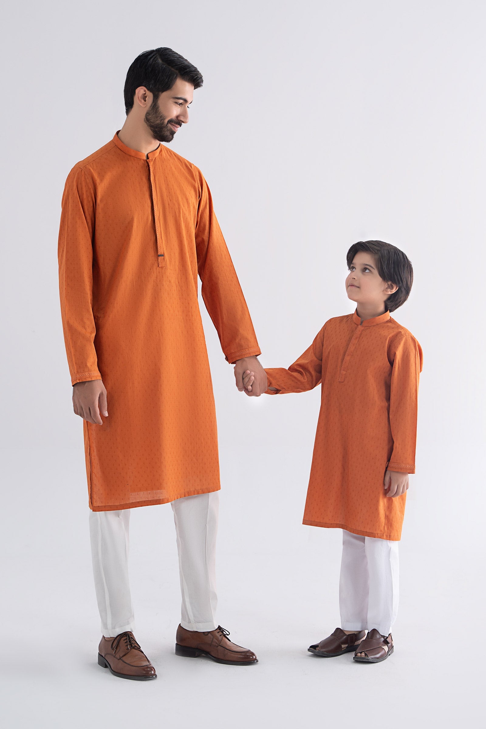 Rust Orange Embroidered Jacquard Kurta (2-Piece) - Image 3