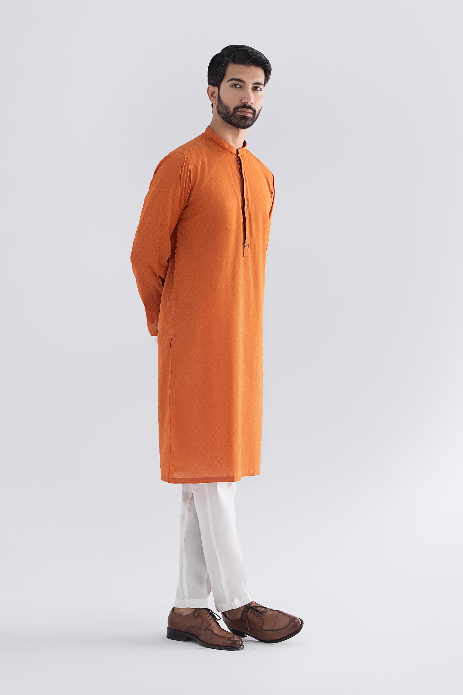 Rust Orange Embroidered Jacquard Kurta (2-Piece) - Image 8