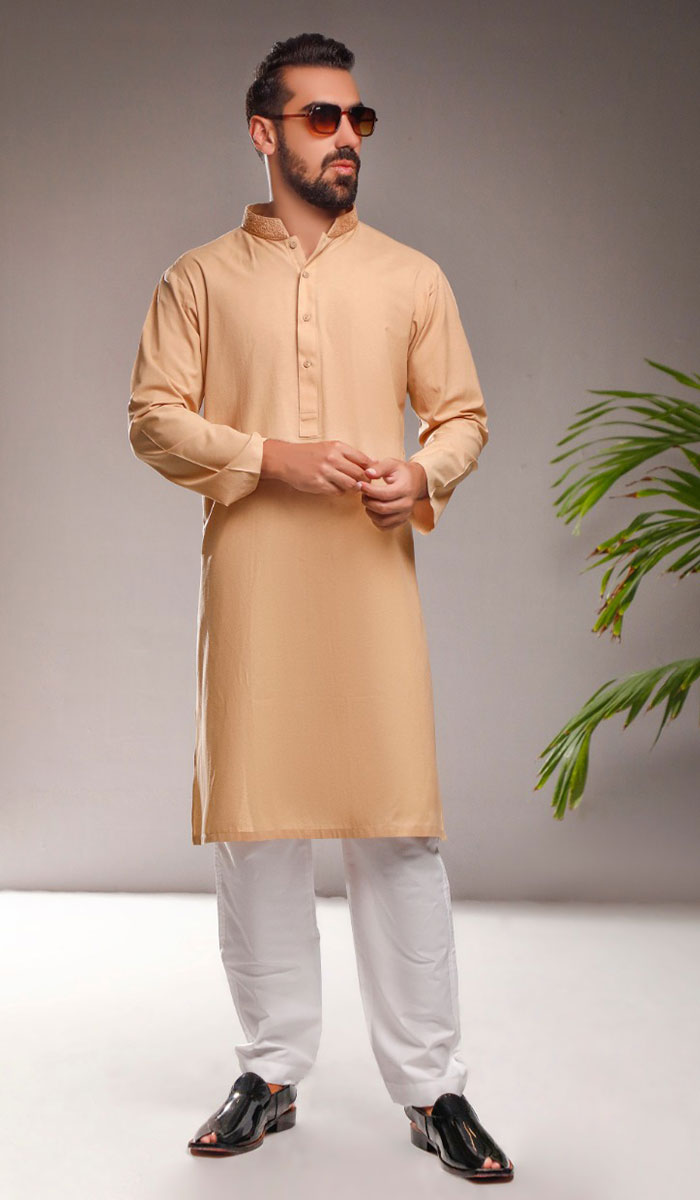 Light Orange Thread Embroidered Karandi Kurta (2-Piece) - Image 1