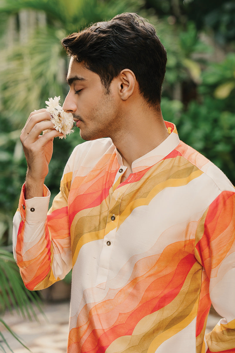 Orange Printed Khaddi Silk Cotton Kurta Pajama (2-Piece) - Image 3