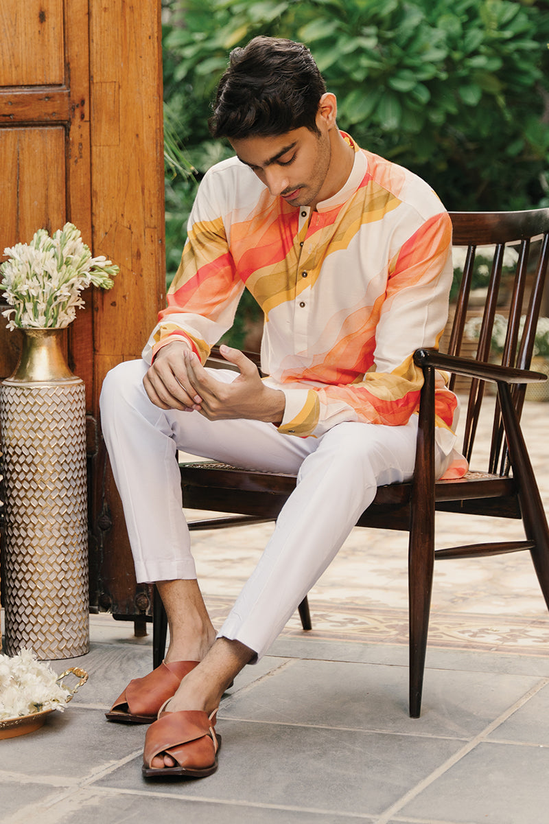 Orange Printed Khaddi Silk Cotton Kurta Pajama (2-Piece) - Image 5