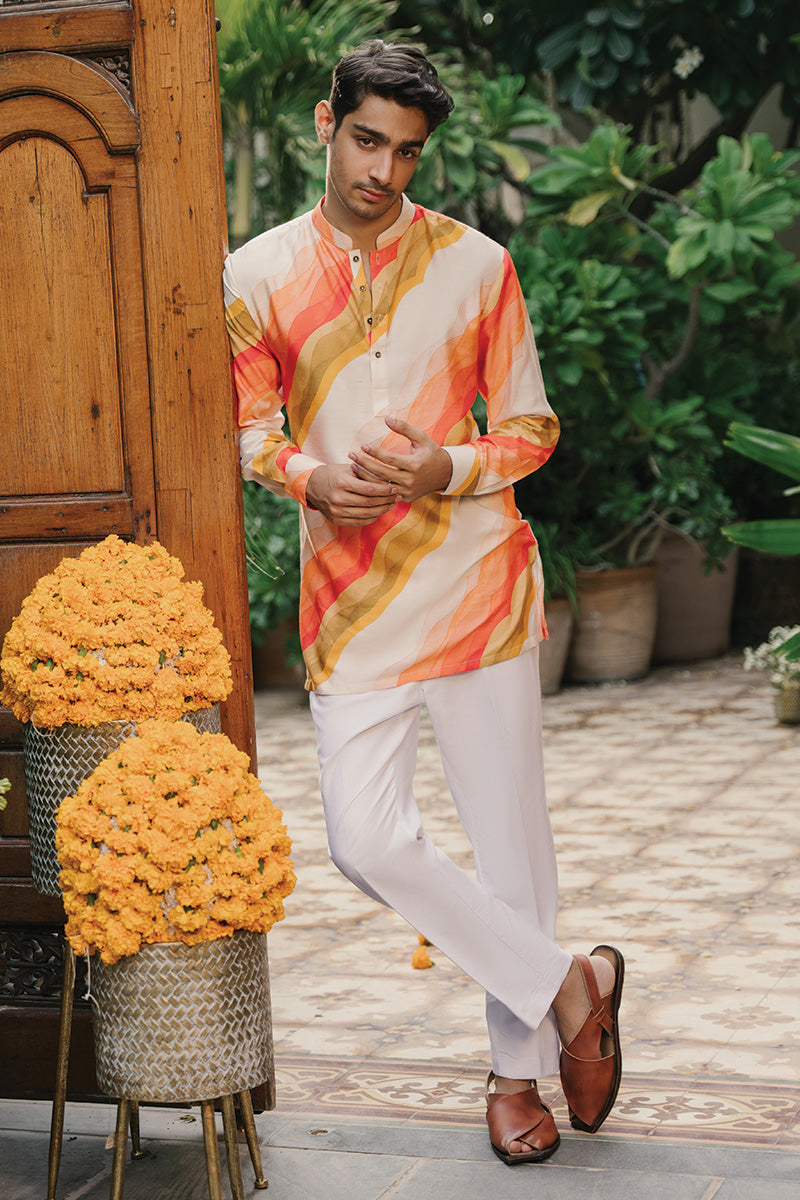 Orange Abstract Print Khaddi Silk/Cotton Kurta Pajama (2-Piece) - Image 1