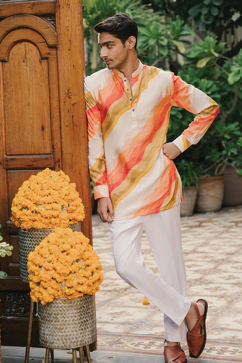 Orange Abstract Print Khaddi Silk/Cotton Kurta Pajama (2-Piece) - Image 4