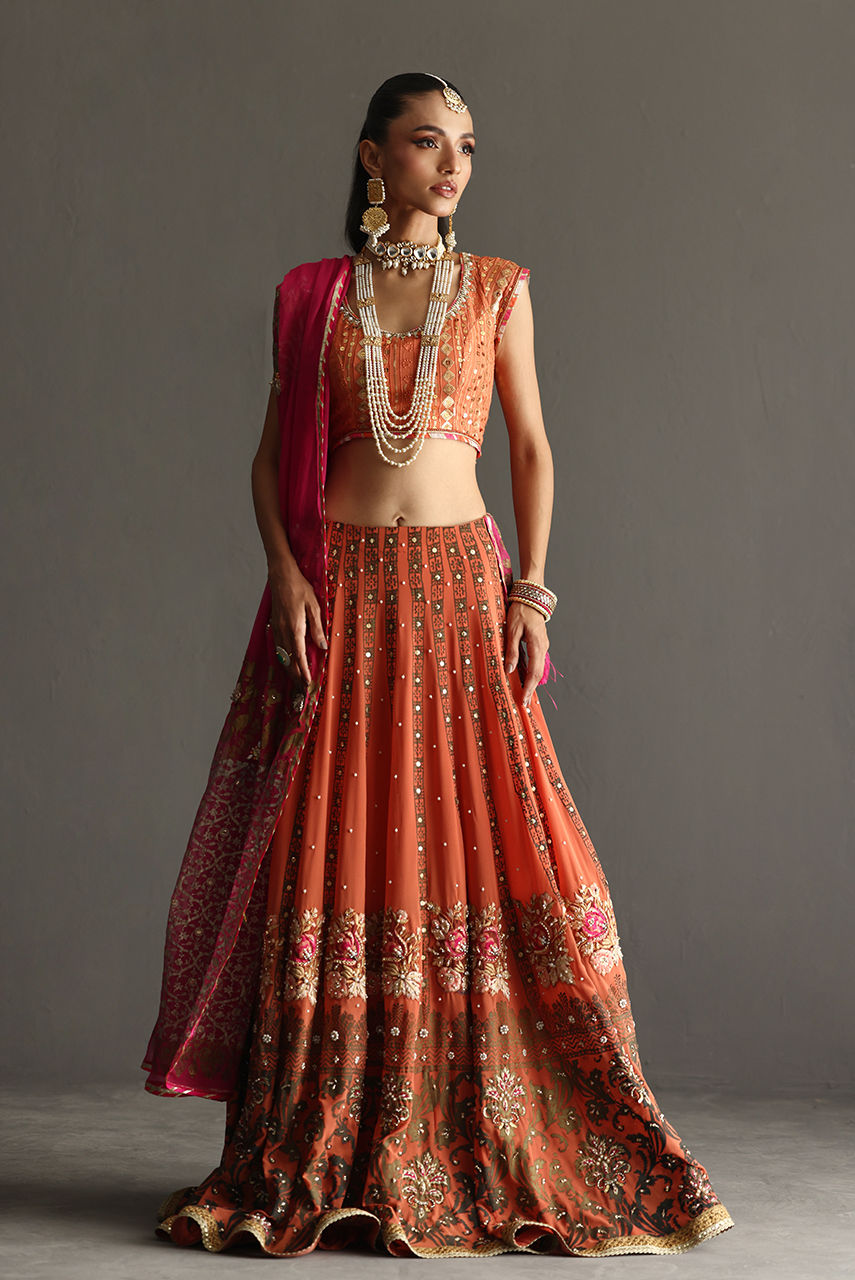Rust Orange Block Printed Georgette Lehenga (3-Piece) - Image 1