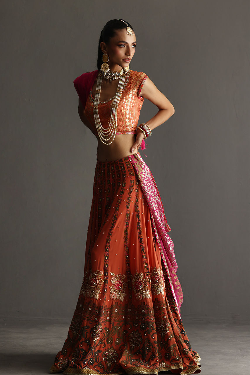 Rust Orange Block Printed Georgette Lehenga (3-Piece) - Image 2