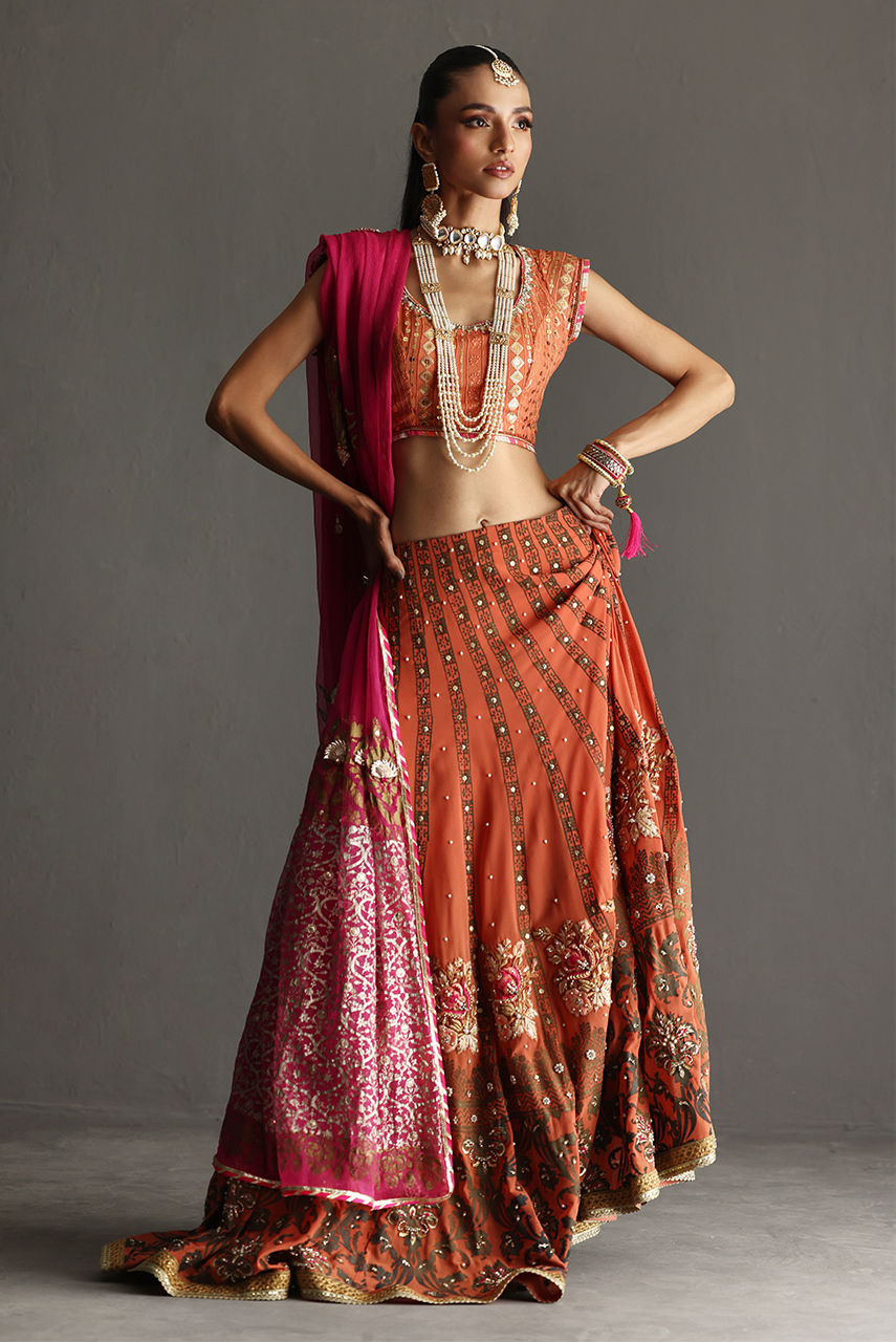 Rust Orange Block Printed Georgette Lehenga (3-Piece) - Image 4