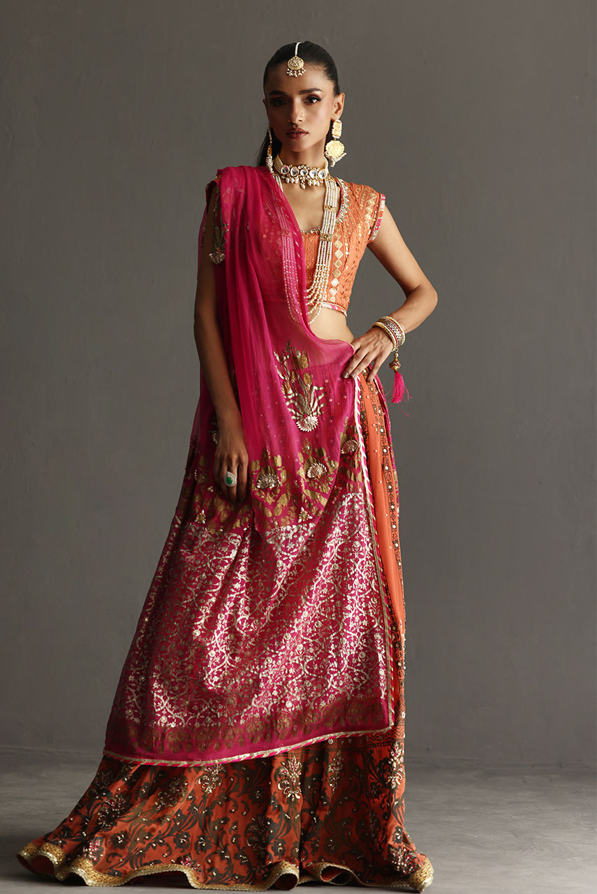 Rust Orange Block Printed Georgette Lehenga (3-Piece) - Image 5