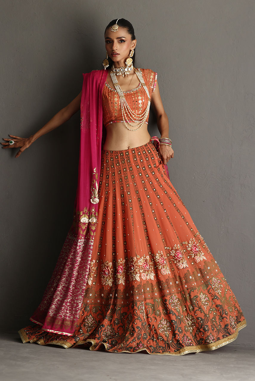 Rust Orange Block Printed Georgette Lehenga (3-Piece) - Image 6