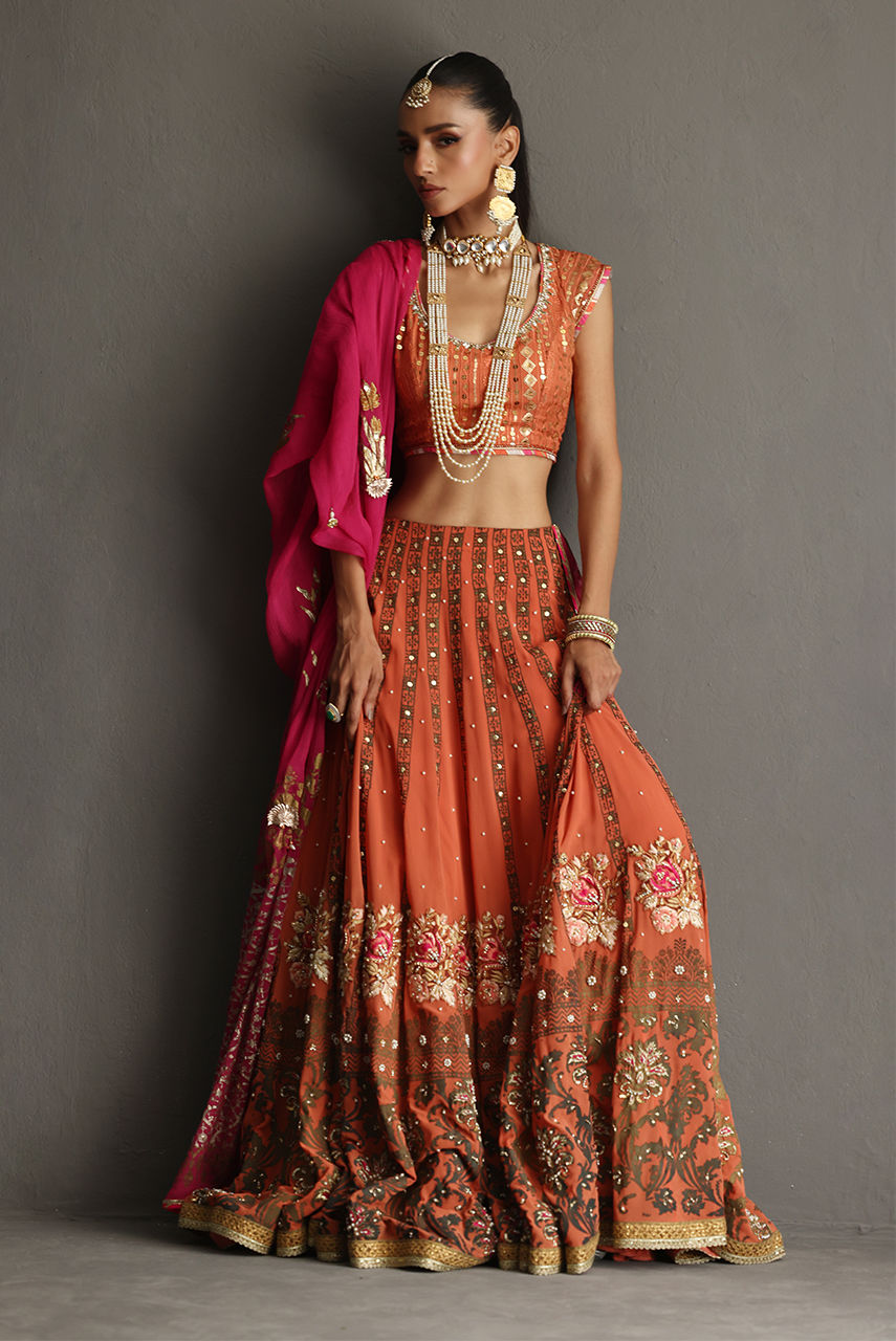 Rust Orange Block Printed Georgette Lehenga (3-Piece) - Image 7