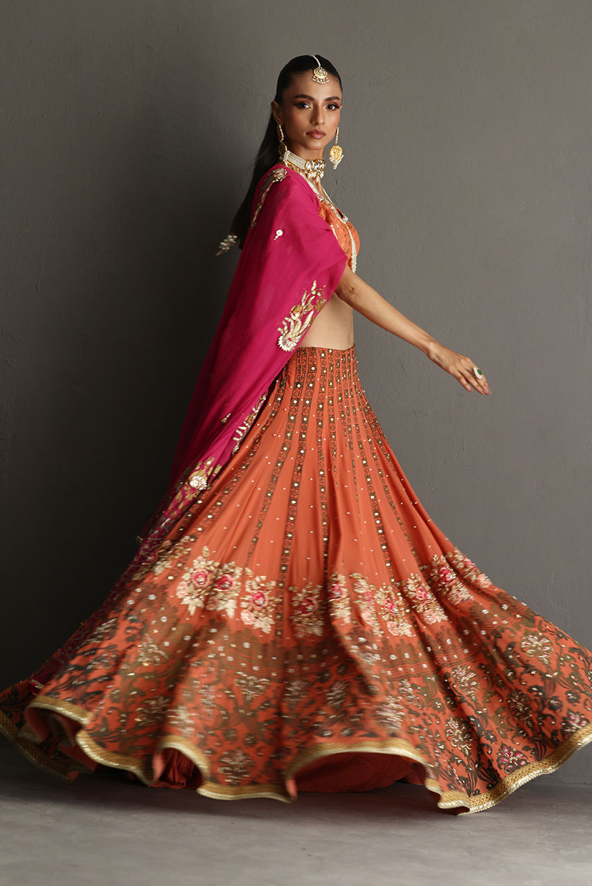 Rust Orange Block Printed Georgette Lehenga (3-Piece) - Image 8