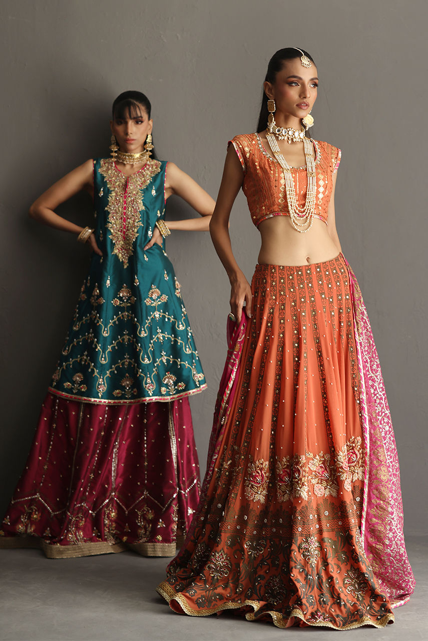 Rust Orange Block Printed Georgette Lehenga (3-Piece) - Image 9