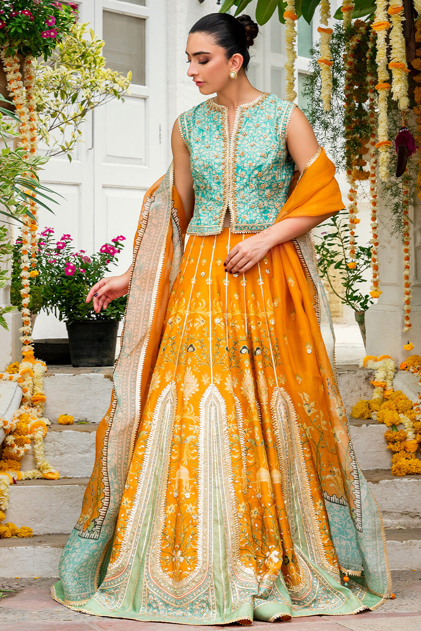 Pakistani Tangerine Gota Zardozi Khaddi Silk Lehenga Choli (3-Piece) - Image 1