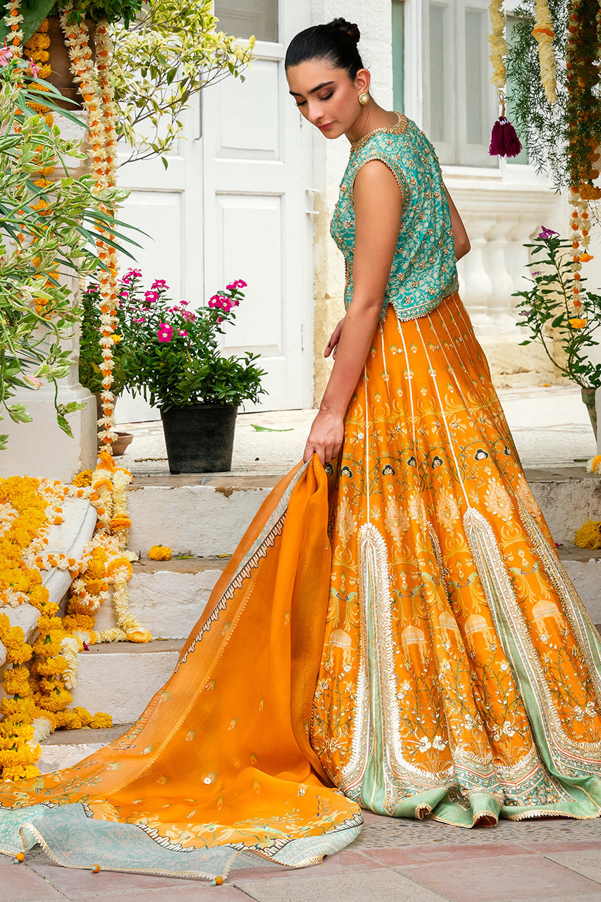 Pakistani Tangerine Gota Zardozi Khaddi Silk Lehenga Choli (3-Piece) - Image 2