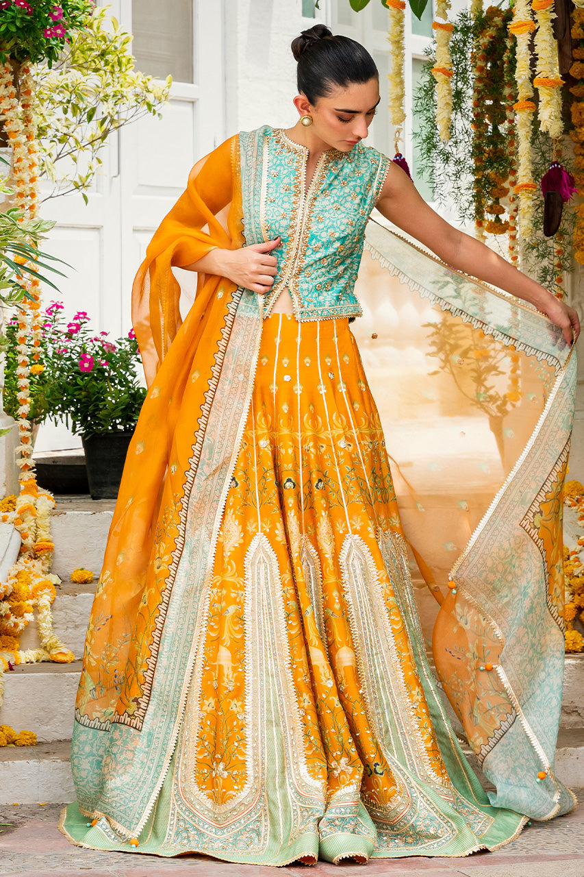 Pakistani Tangerine Gota Zardozi Khaddi Silk Lehenga Choli (3-Piece) - Image 3