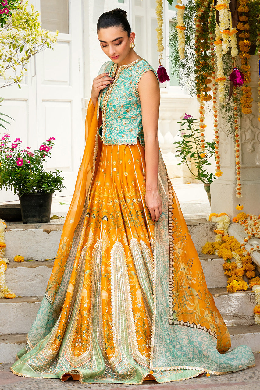 Pakistani Tangerine Gota Zardozi Khaddi Silk Lehenga Choli (3-Piece) - Image 4
