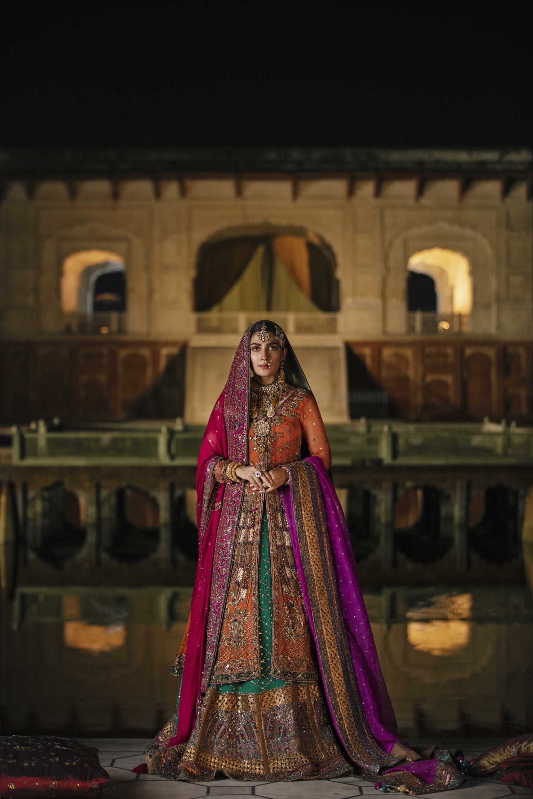 Tangerine Embellished Chiffon & Mukesh Lehenga (3-Piece) - Image 2