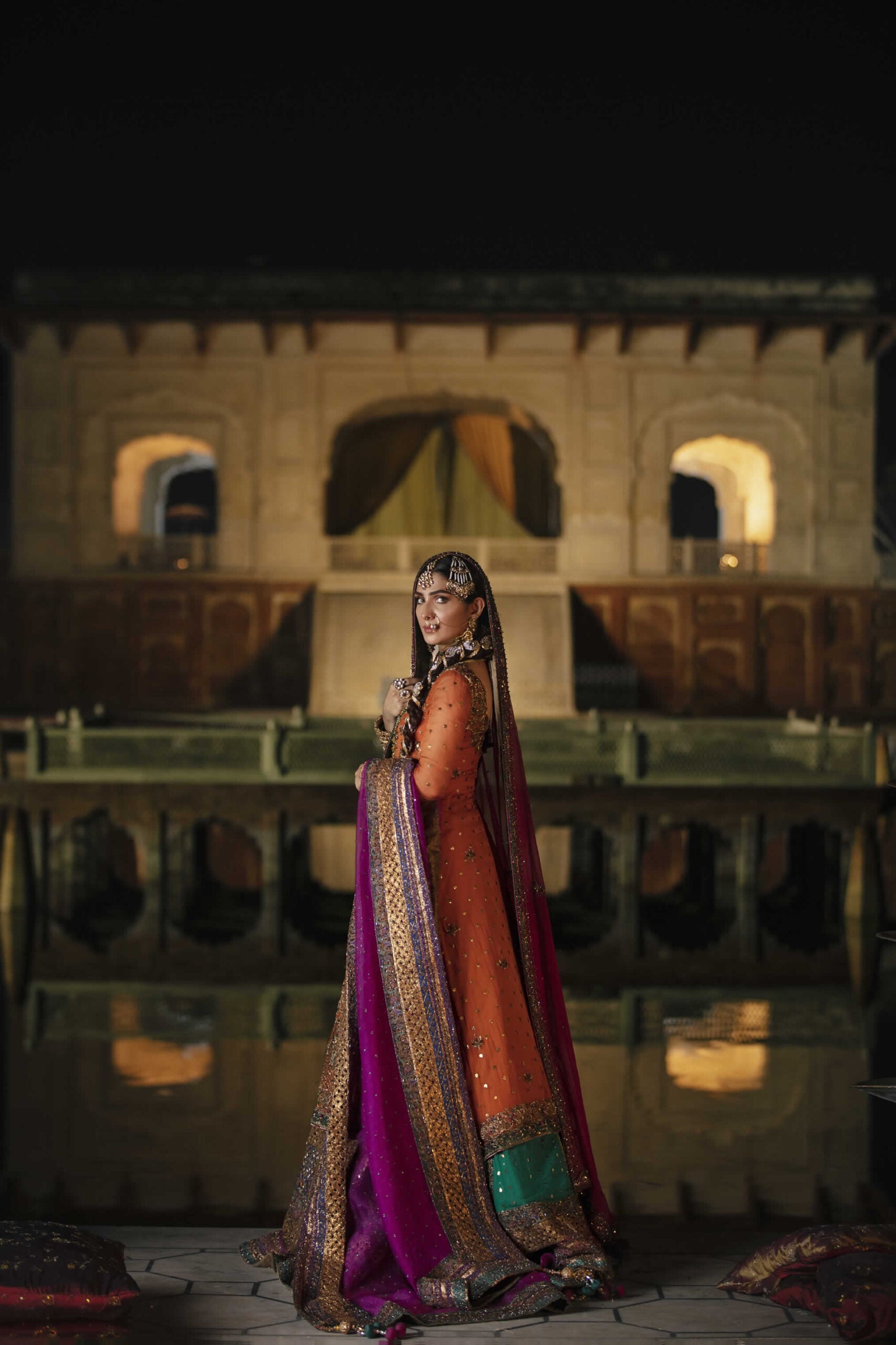 Tangerine Embellished Chiffon & Mukesh Lehenga (3-Piece) - Image 3