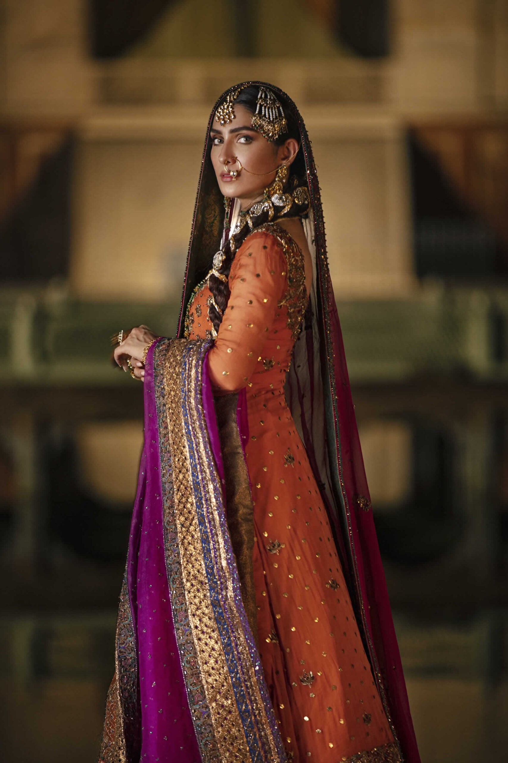 Tangerine Embellished Chiffon & Mukesh Lehenga (3-Piece) - Image 4