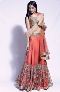 Pakistani Orange Gota Work Net and Silk Lehenga (3-Piece) - Image 1