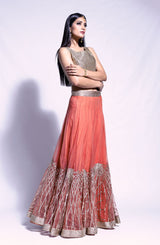 Pakistani Orange Gota Work Net and Silk Lehenga (3-Piece) - Image 3