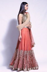 Pakistani Orange Gota Work Net and Silk Lehenga (3-Piece) - Image 4