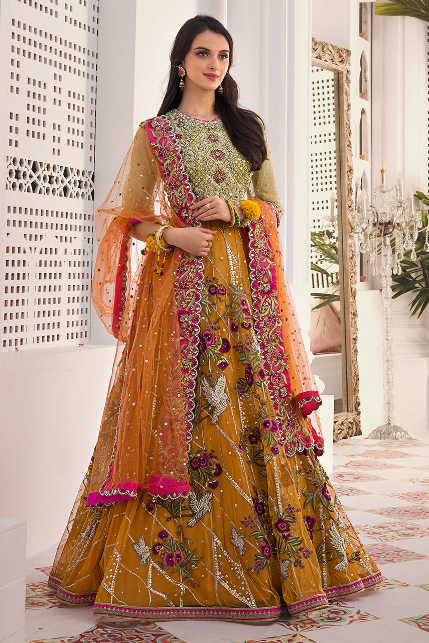 Orange Kamdani Zardozi Net Lehenga (3-Piece) - Image 1