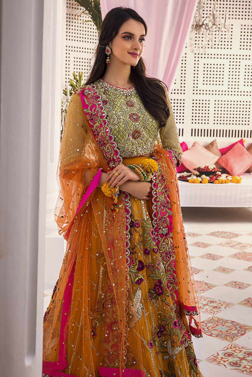 Orange Kamdani Zardozi Net Lehenga (3-Piece) - Image 2