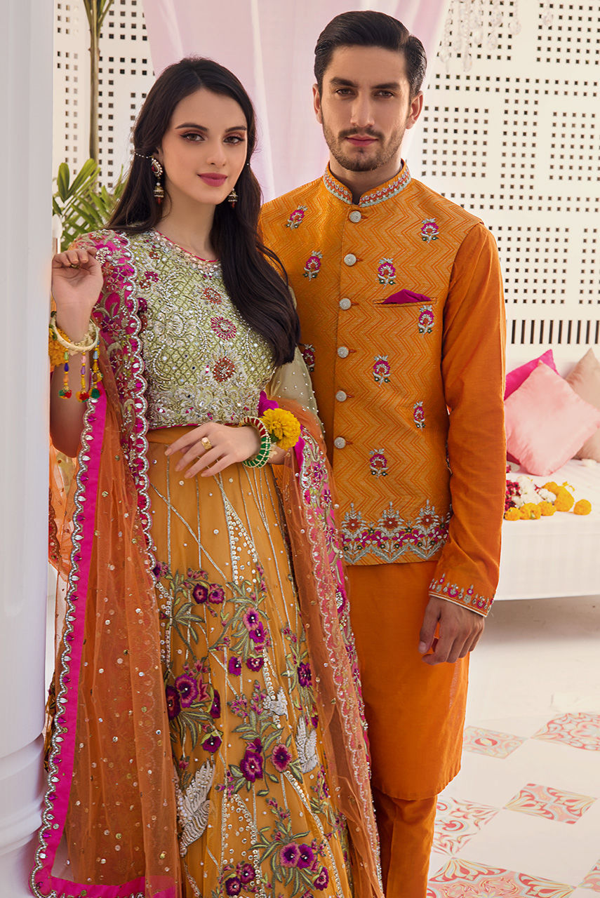 Orange Kamdani Zardozi Net Lehenga (3-Piece) - Image 4