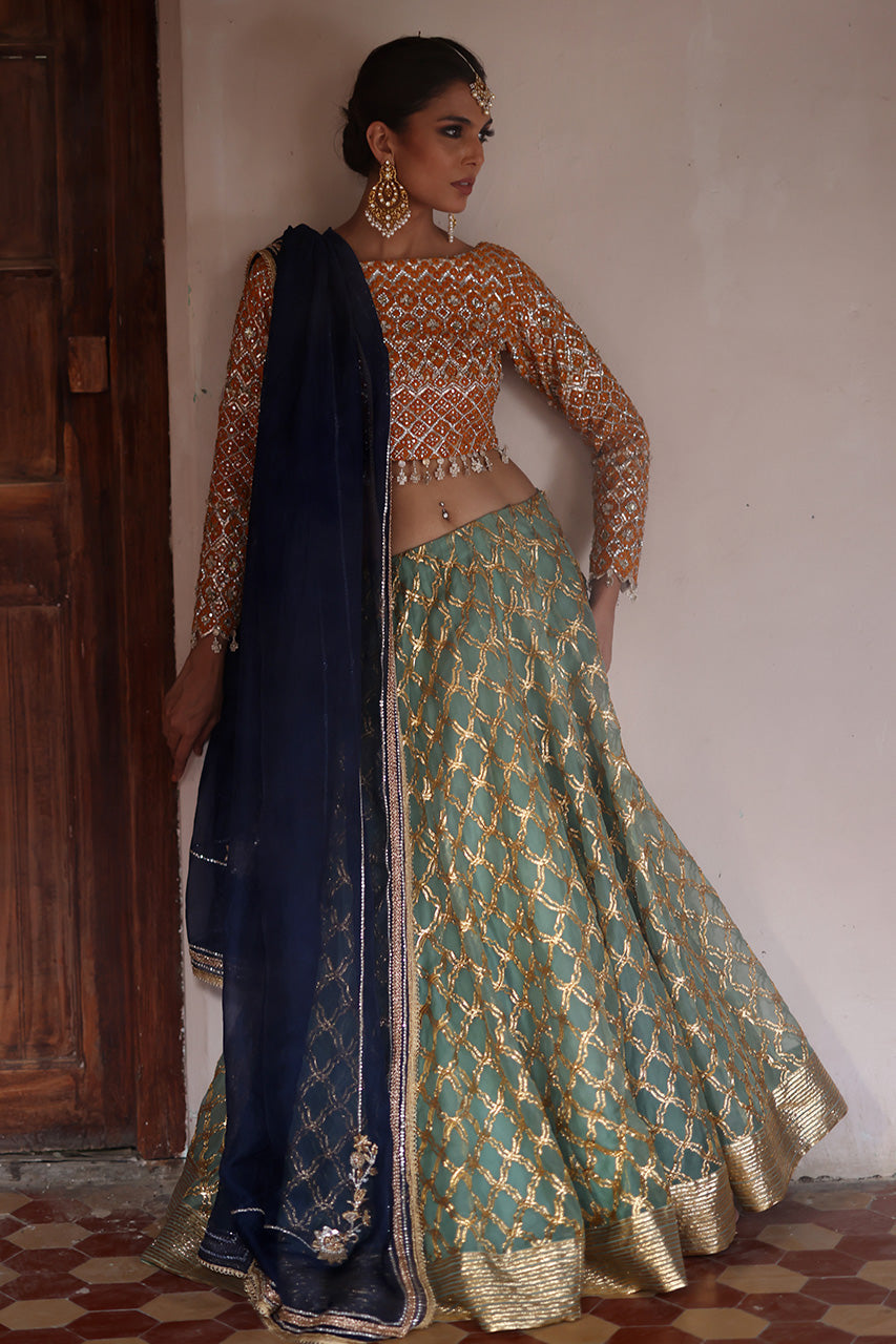 Pakistani Saffron Mirror & Gota Organza Lehenga Choli (3-Piece) - Image 1
