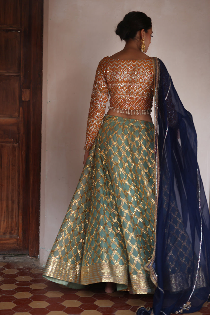 Pakistani Saffron Mirror & Gota Organza Lehenga Choli (3-Piece) - Image 2